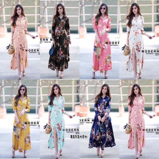 TW8513MaxiDress แม็กซี่เดรสเชิ้ตยาว แขนยาว ผ้าโฟร์เวย์ พิมพ์ลายดอกไม้ ติดกระดุมหน้ายาวลงไปถึงชาย งานสวย