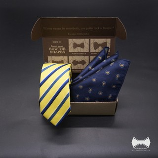 เซ็ทเนคไทสลิมเหลืองลายขวาง+ ผ้าเช็ดหน้า-Yellow Slim Necktie + pocket square