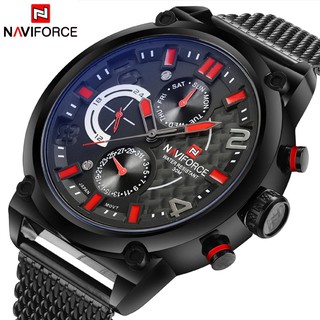 NAVIFORCE แบรนด์แฟชั่นสีดำตาข่ายบุรุษเหล็กนาฬิกาควอตซ์ 24 นาฬิกาวันที่นาฬิกาผู้ชายกีฬาข้อมือนาฬิกาข้อมือทหาร