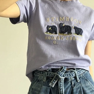 Bh เสื้อยืด แขนสั้น ผ้าฝ้าย ลายหมี สไตล์เกาหลี แฟชั่นฤดูร้อน สําหรับผู้หญิง