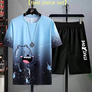 【M-5XL】เสื้อยืดแขนสั้น พิมพ์ลาย ทรงหลวม ขนาดใหญ่ และกางเกง สไตล์สปอร์ต แฟชั่นฤดูร้อน สําหรับผู้ชาย