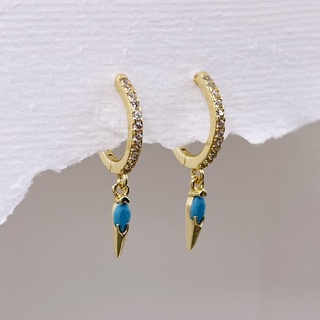 Gold Pavé Huggie Hoops With Blue Howlite Spike 18K, Gold Plated Earrings | ต่างหูห่วง เงิน 925 ชุบทองแท้ 18กะรัต