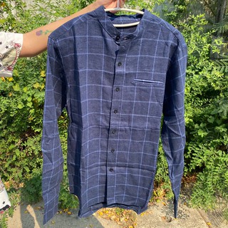 เสื้อเชิ้ต รุ่น KJ07 สีน้ำเงินเข้มลายสก๊อตเสื้อใส่ทำงานถูกระเบียบเรียบร้อย