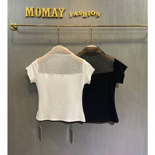 💐เสื้อทรงคอปีน ดีเทลตัดต่อผ้าซีทรู