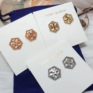 Tory Burch Milgrain Hex-T-Logo Stud Earrings  Enamel with logo