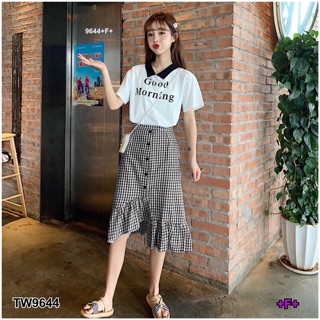 GN9644  Set 2 ชิ้น เสื้อยืดคอปก ผ้าคอตตอนสกรีนตัวหนังสือ + กระโปรงผ้าทอลายสก็อต