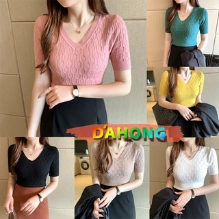 💖Dahong 💖 (รวมรุ่น) สเวตเตอร์ผู้หญิง ผ้าทอลาย เสื้อไหมพรมคอวี สำหรับสาวอ็อฟฟิต