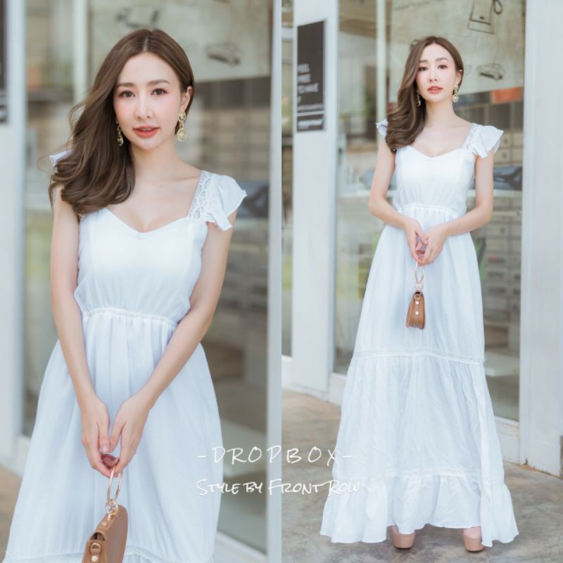 DROPBOX:เดรสยาวสีขาวไหล่ระบาย