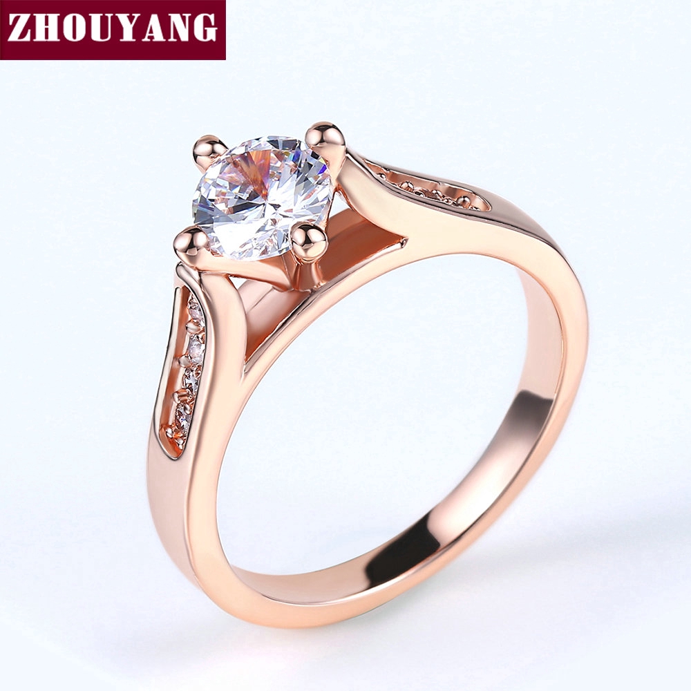 ZHOUYANG หมั้นแหวนแต่งงานสำหรับผู้หญิงคลาสสิกโปรงตั้งหลายสี CZ เครื่องประดับแฟชั่นคู่รักแหวน R064 R065