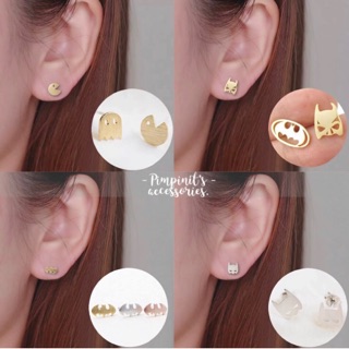 🇹🇭 พร้อมส่ง : ต่างหูสไตล์มินิมอลลายแพคแมนและแบทแมน | Pacman And Batman Minimalist Stud Earring.