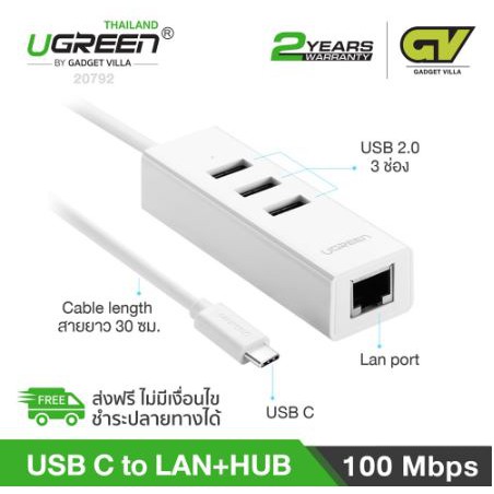 UGREEN รุ่น 20792 USB C to Lan HUB | Type C to LAN HUB USB 2.0 LAN 10 ...