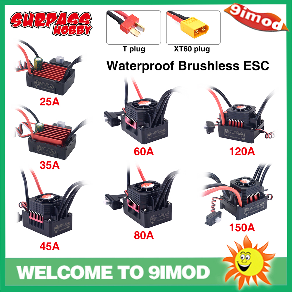 Surpasshobby ESC 150A 80A 120A 25A 35A 45A 60A ตัวควบคุมความเร็วไฟฟ้า กันน้ํา สําหรับมอเตอร์ไร้แปรงถ่านรถบังคับ 1/8 1/10 1/12