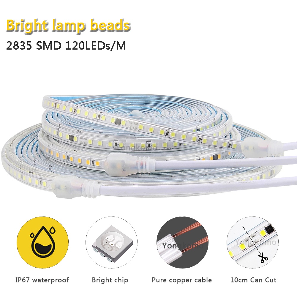 120 LEDs /M strip กลางแจ ้ งกันน ้ ํา LED strip SMD 2835 Warm White Lights 1M 2M 5M 10M 220V ยืดหยุ ่ นแถบไฟตกแต ่ งบ ้ าน