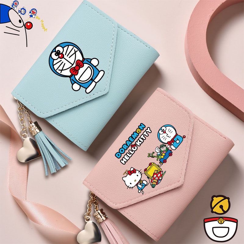 กระเป๋าสตางค์ ใบสั้น ลายการ์ตูนโดราเอมอน แต่งพู่ ใส่เหรียญ บัตรได้ สําหรับผู้หญิง