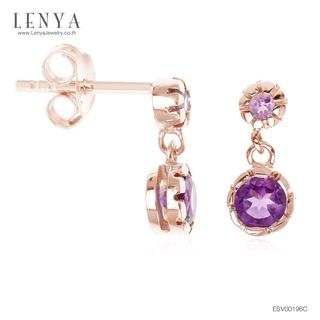 Lenya Jewelry ต่างหูเงินแท้ 925 ชุปพิงค์โกลด์ ประดับพลอย สีม่วงอเมทิสต์ (Amethyst) เล็ก หรูดีไซน์ สวย ใส น่ารัก