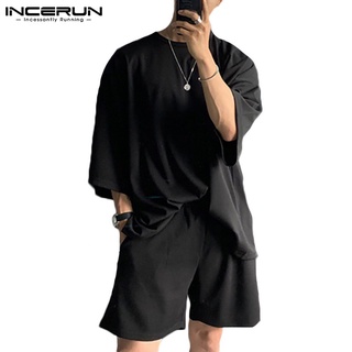 Incerun เสื้อยืดแขนสั้น + กางเกงขาสั้นแฟชั่นผู้ชาย 3 สี