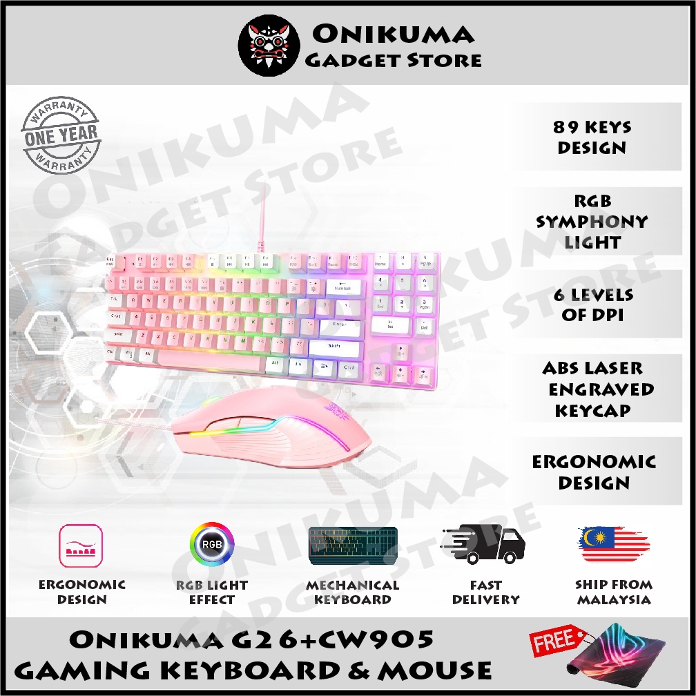 Onikuma G26 + CW905 Pinky RGB Combo Gaming Mechanical Keyboard และ Optical Mouse, ชุดคีย์บอร์ดเชิงกล