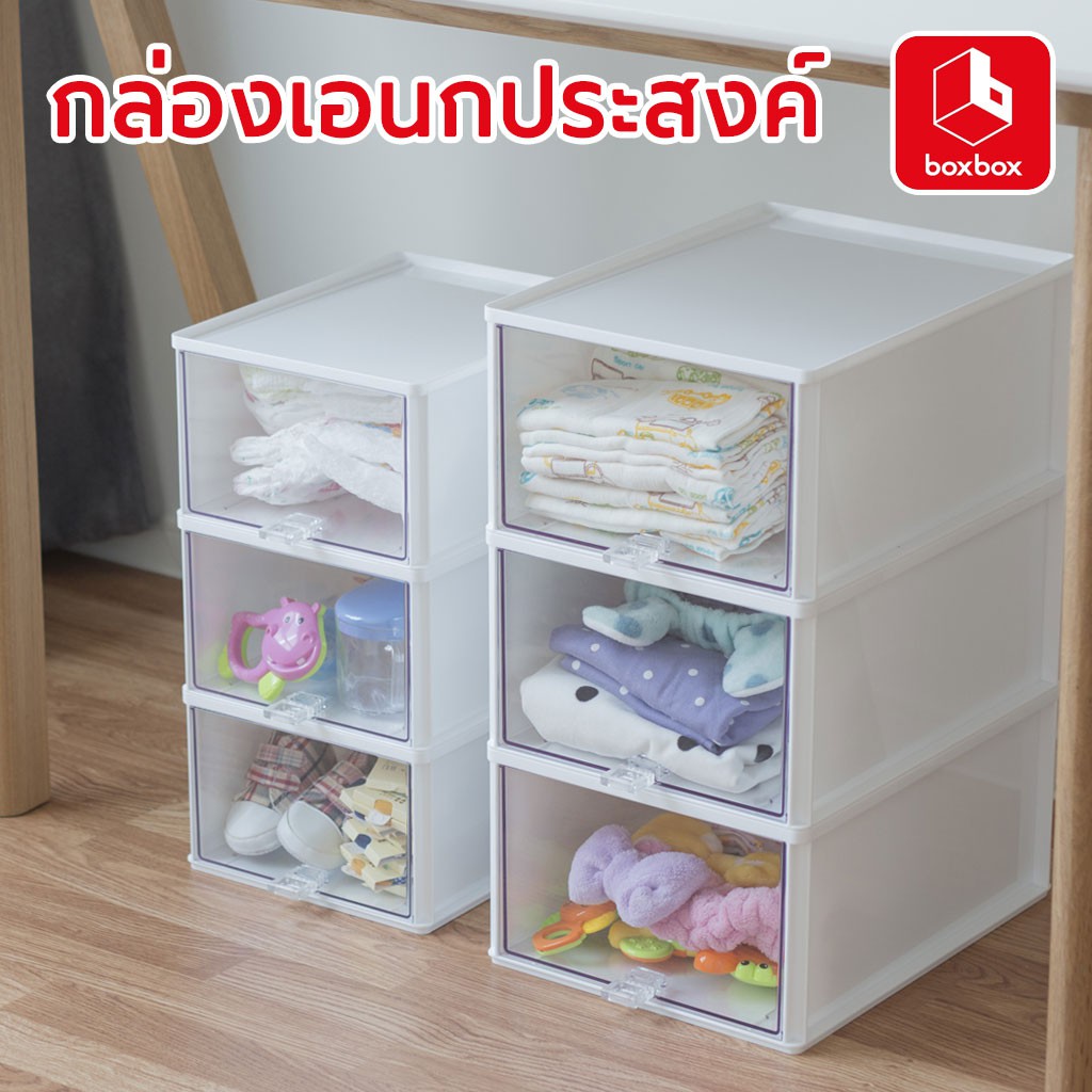 boxbox กล่องเอนกประสงค์ สำหรับจัดเก็บ กล่องใส่รองเท้า สีขาวลิ้นชักใส No