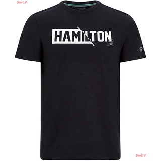 Sort.V 2021 Mercedes Benz AMG Petronas F1 Mens Lewis Hamilton #44 T-Shirt Black/White (S, Black) เสื้อยืดผ้าฝ้าย