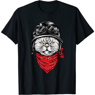 เสื้อยืดผ้าฝ้ายพรีเมี่ยม เสื้อยืด พิมพ์ลายรถจักรยานยนต์ Chopper Biker Cat สําหรับผู้ใหญ่