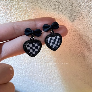 925 silver needle Korean bow black and white square heart earrings temperament sweet checkerboard earrings Sen earrings