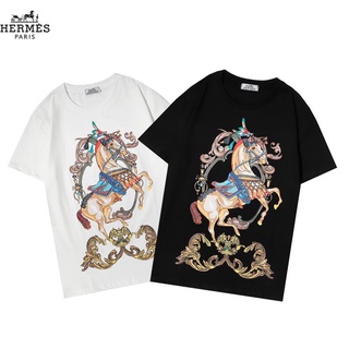 【hot sale】Hermes เสื้อยืดแฟชั่นสําหรับ Unisex ผ้าฝ้ายแขนสั้นพิมพ์ลาย