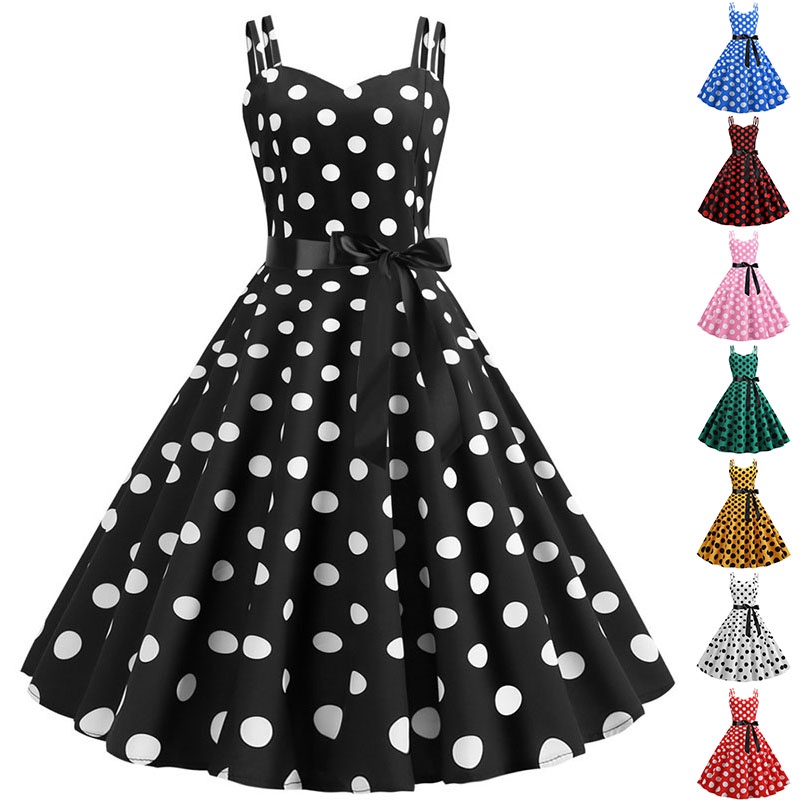 ผู้หญิงฤดูร้อน Vintage 50s 60s Pin Up Party Dress สปาเก็ตตี้ Polka Dot Vestidos