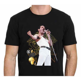 tshirtเสื้อยืดคอกลมฤดูร้อนGILDAN ขายดี เสื้อยืดผ้าฝ้าย 100% พิมพ์ลาย Freddie Mercury Queen Live Aid 1985 Bohemian Rhapso