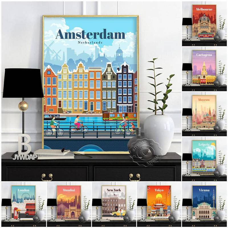 World Travel City โปสเตอร์ Vienna London ญี่ปุ่นโตเกียว Moscow นิวยอร์ก Amsterdam Venice พิมพ์ Art wall Decor