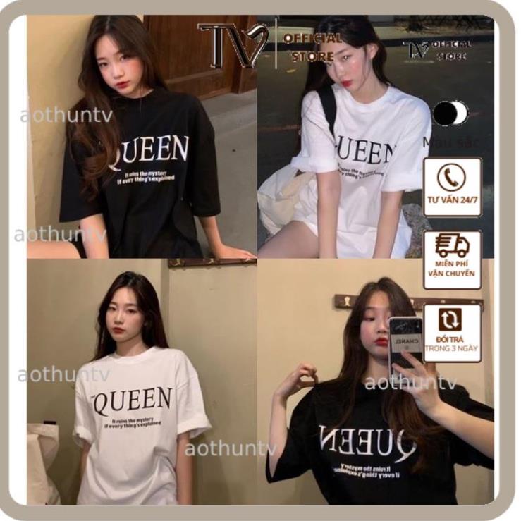 QUEEN เสื้อยืดแขนสั้น เสื้อยืด Format หลวมสําหรับผู้ชายและผู้หญิง ผ้าฝ้ายเท่ๆ สีขาวและสีดํา D73