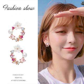ต่างหูคริสตัลประดับดอกไม้สีชมพูสไตล์เกาหลี