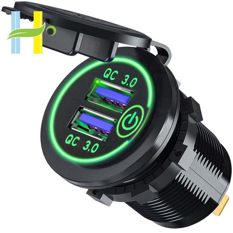 3.0 Dual USB Car Charger 12V 36W USB Fast Charger พร้อมสวิตช์สีเขียว