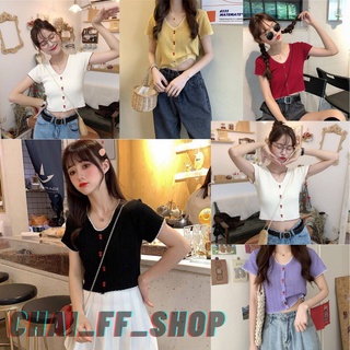 FF.shop-💕เสื้อไหมพรม 💕ครอปแขนสั้น คอวี เเต่งกระดุมหน้า มีหวานๆ พร้อมส่ง 7สี💕 #A111