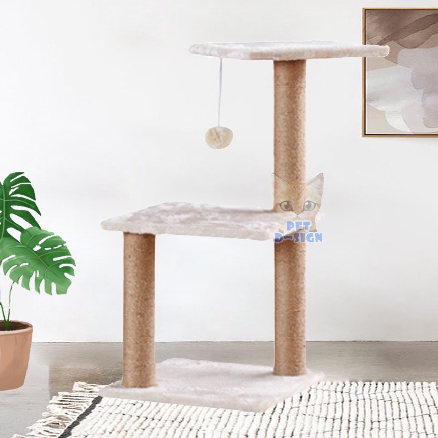 [พร้อมส่งจ้า] คอนโดแมว 2 ชั้น สูง 64 ซม. หุ้มกำมะหยี่นิ่ม พร้อมเสาฝนเล็บ และของเล่นล่อแมว By Pet D-S