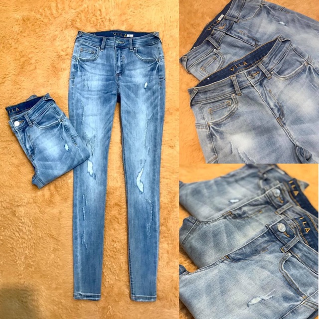 VILLA Denim Skinny  กางเกงยีนส์สีซีด แต่งขาดเซอร์ เอวกลาง ผ้ายืดได้เยอะมว๊ากกก ผ้าใส่กระชับ