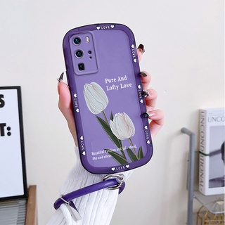 HUAWEI P20/P30 Pro/P4/P50 Transparent Soft Silicone Phone Case with Bracelet/Lens Protection/Tulip Flower