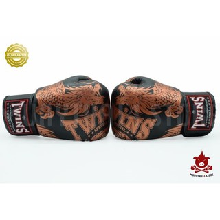 นวมชกมวย TWINS SPECIAL BOXING GLOVES FBGV 49 Dragon Style Black / Copper นวมต่อยมวย หนังแท้ สีดำ ลายมังกร ลายสีทองแดง