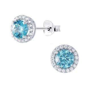 Aquamarine stud earrings silver round cubic zirconia ต่างหู aquamarine+cz วงกลมสีฟ้าล้อมด้วยเพชรสีขาว เงินแท้925