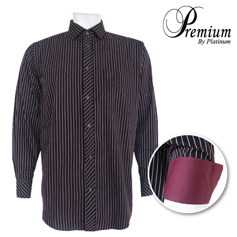KEMEJA PREMIUM By PLATINUM PMP9104 (เสื้อเชิ้ตลายทางแขนยาวผู้ชายขนาดใหญ่พร้อมคอปกด้านในสีตัดกันและข้