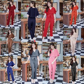 SS2686 Jumpsuit จั๊มสูท ปีกค้างคาว ขายาว + เชือกผูกโบว์ #1