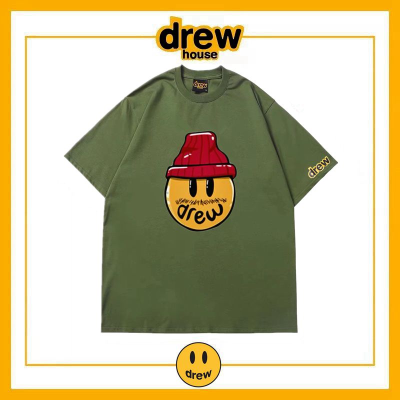 เสื้อยืดแขนสั้น ผ้าฝ้าย ทรงหลวม ลาย Drew House smiley แฟชั่นฤดูร้อน สไตล์อเมริกัน สําหรับผู้ชาย และผ