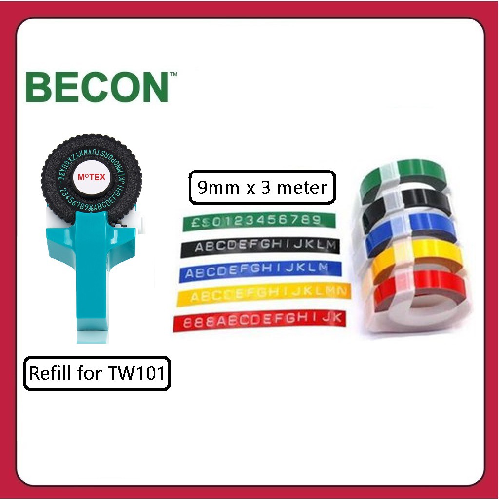 Astar Motex Tape Writer Refill 9mm x 3m TWT-9-BK สีดํา/น้ําเงิน/แดง/เหลือง/เขียว