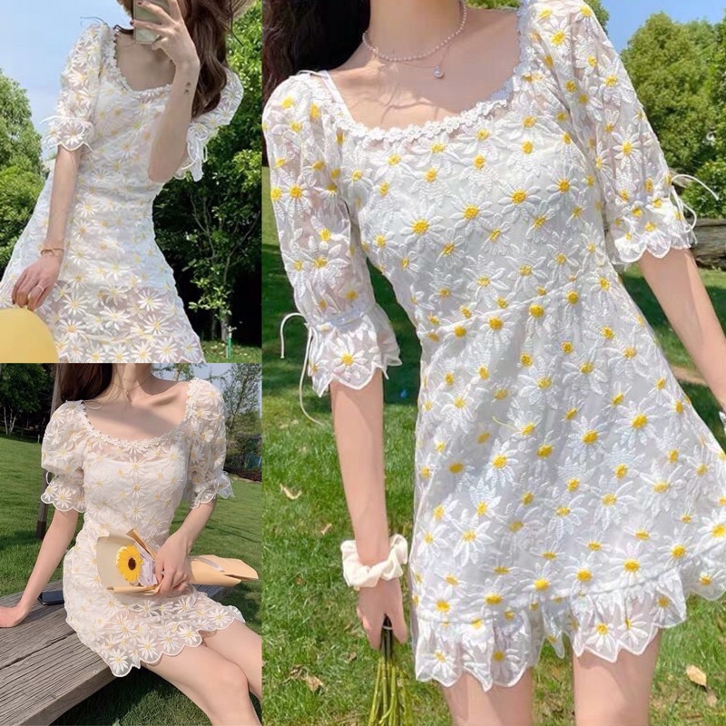 พร้อมส่ง เซ็ต2ชิ้น มินิเดรสสีขาว ผ้าลูกไม้ ปักดอกเดซี่  แขนตุ๊กตา ลุคคุณหนูมากๆ มินิเดรสลายดอกไม้ เดรสกระโปรง งานป้ายypy