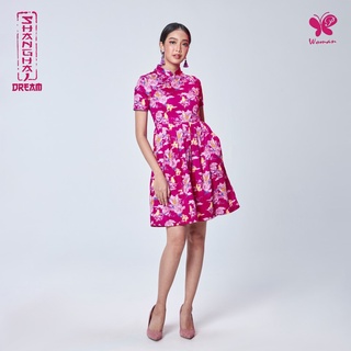 Papillon Woman Shanghai Dream Satin Dress เดรสตรุษจีน พิมพ์ลายผีเสื้อและดอกไม้