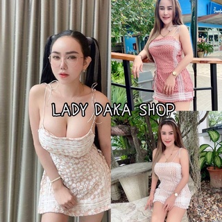 🧡LADY DAKA SHOP🧡 ชุดเซ็ท2ชิ้น มินิเดรส สายเดี่ยวผูกไหล่+กางเกงขาสั้น ผ้าลูกไม้