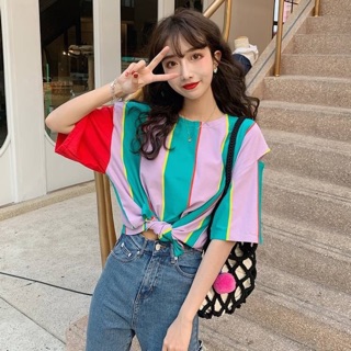 🍭 Dustin striped tee เสื้อยืดคอกลม ลายทางตัด หลายสี ผ่าเเขนหนึ่งข้าง เนื้อผ้าฝ้ายผสม 🌈