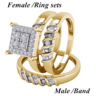 Set Cincin Pasangan Busana, Cincin Berlian Miring Persegi, Ukuran Pria 7-14, Ukuran Wanita 5-12