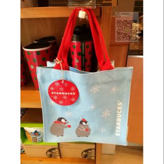 กระเป๋าผ้า Starbucks MI-PENGUIN XMAS BAG 2020 ถุงผ้าสีฟ้า