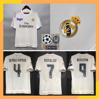 เสื้อกีฬาแขนสั้น ลายทีมชาติฟุตบอล Real Madrid 2015 2016 ชุดเหย้า 15/16 ชุดเหย้า Real Madrid SERGIO RAMOS 4 RONALDO 7 BENZEMA 9