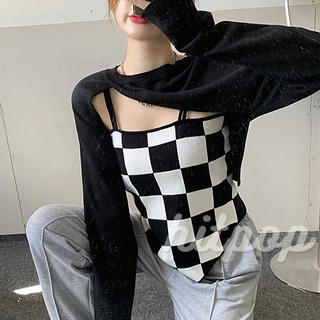 Hitpop-Women Spaghetti Strap Camisole, Sleeveless Checkboard Print Asymmetric Knit Crop Cami Tops